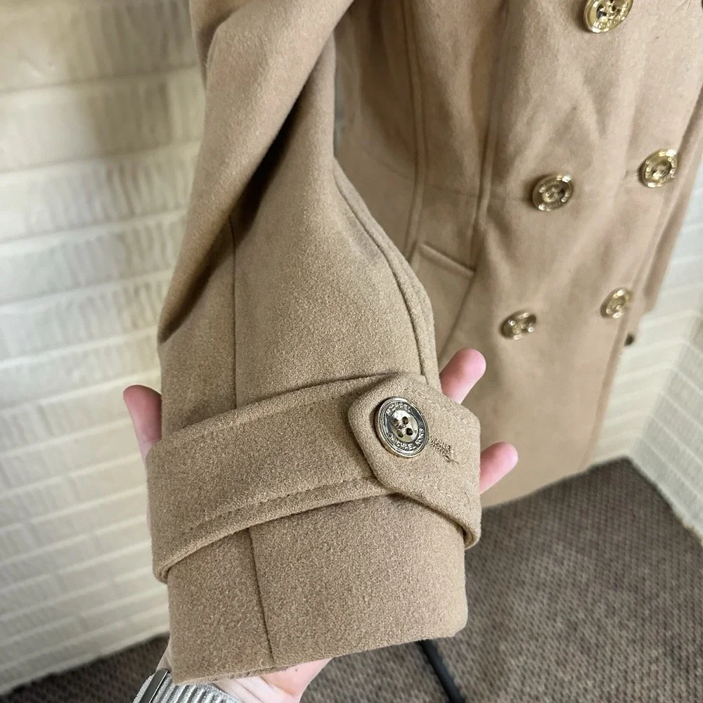 Michael Kors Wool Blend Pea Coat Tan Gold Buttons Pockets Women's Size S‎